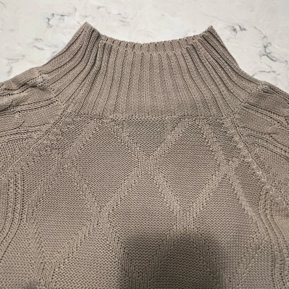 Women's Classic Beige Cable Knit Mock Turtleneck Sweater with Balloon Sleeves